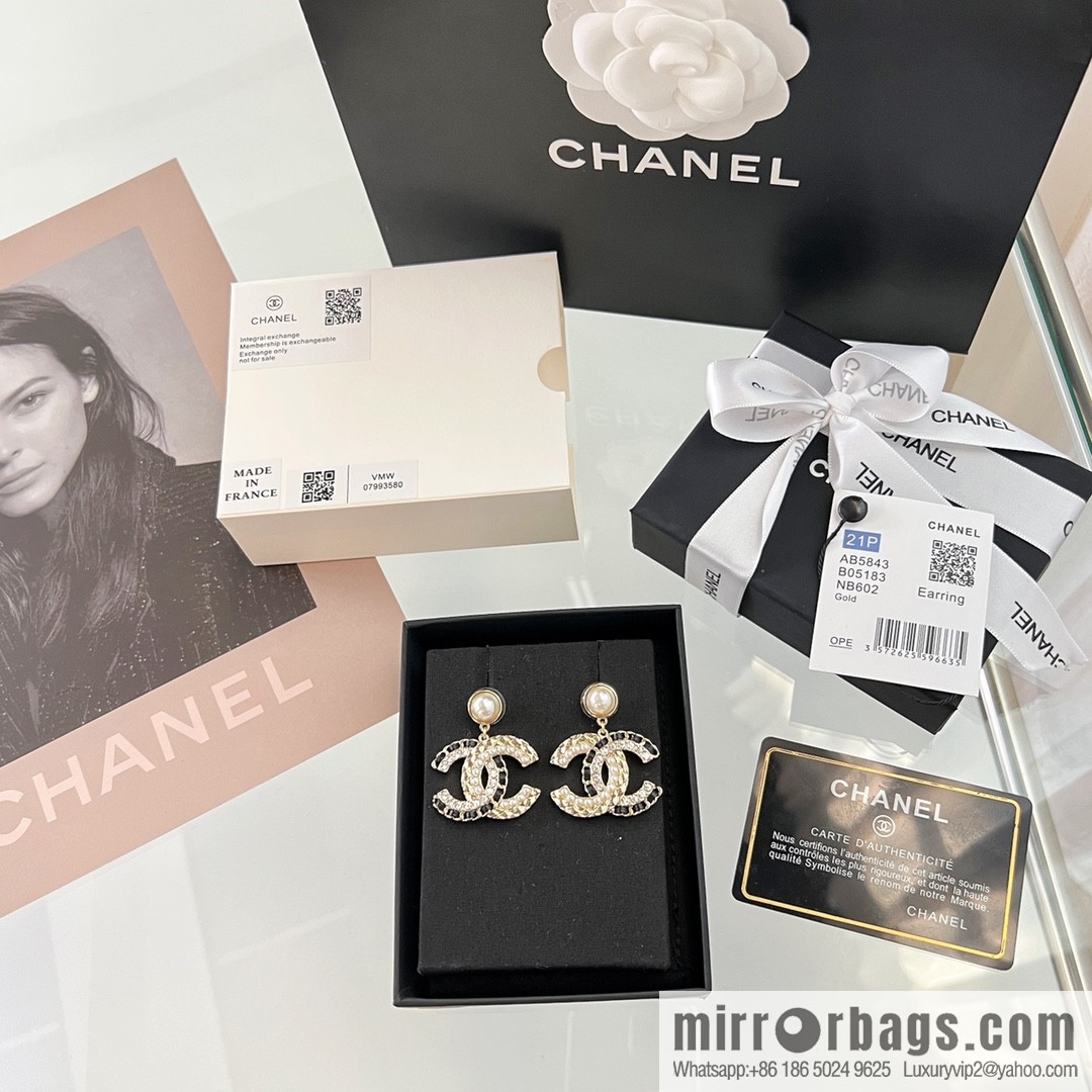 New ☑️ Chanel c2 double c black leather rope pearl stud earrings