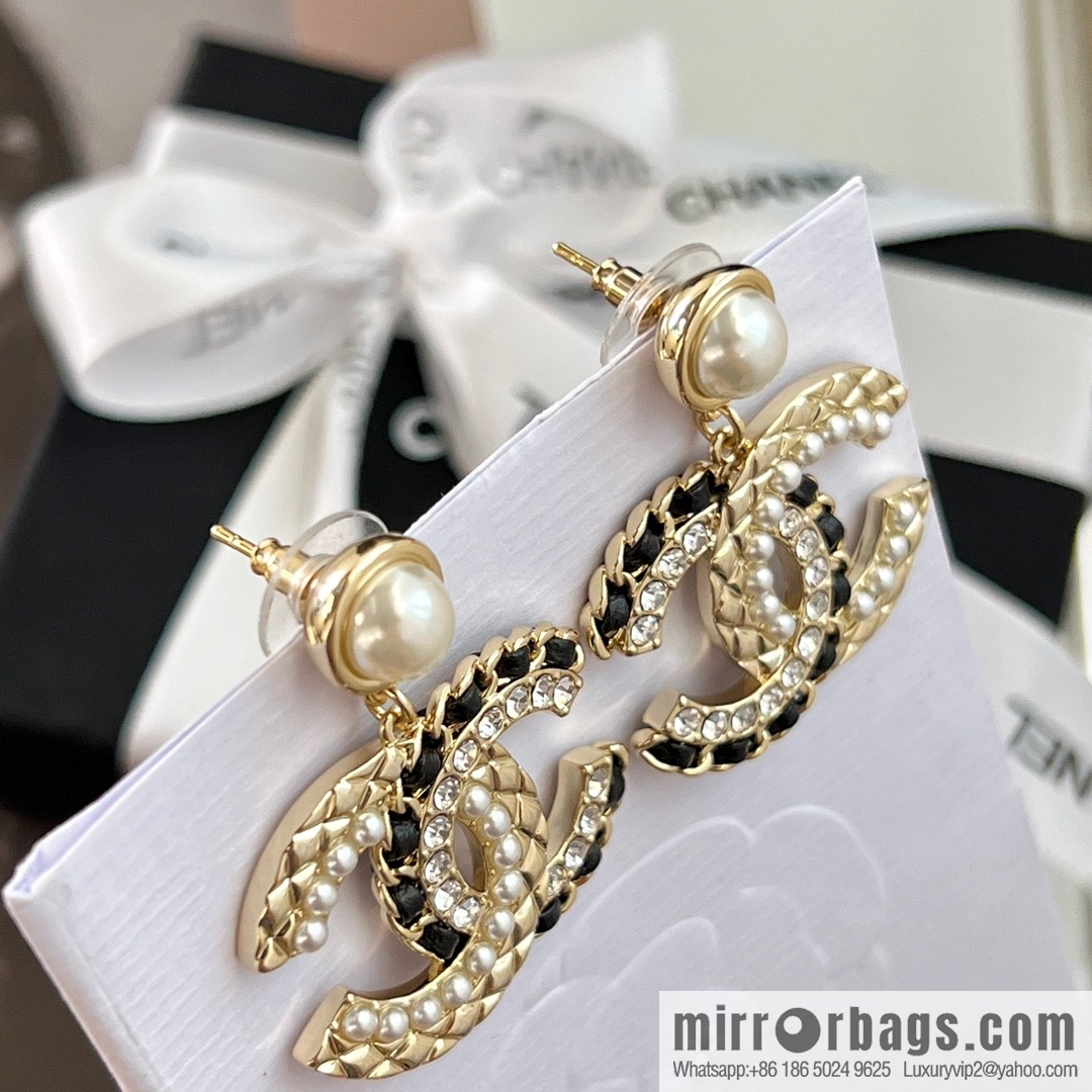New ☑️ Chanel c2 double c black leather rope pearl stud earrings