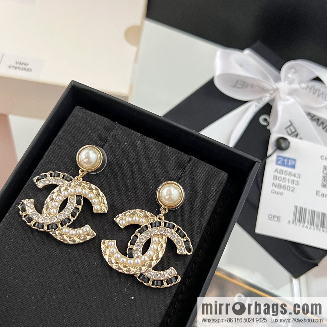 New ☑️ Chanel c2 double c black leather rope pearl stud earrings