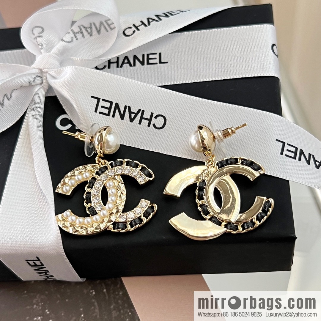 New ☑️ Chanel c2 double c black leather rope pearl stud earrings
