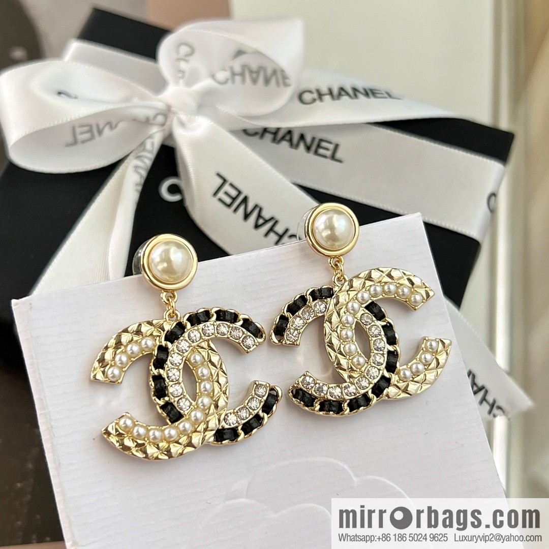 New ☑️ Chanel c2 double c black leather rope pearl stud earrings