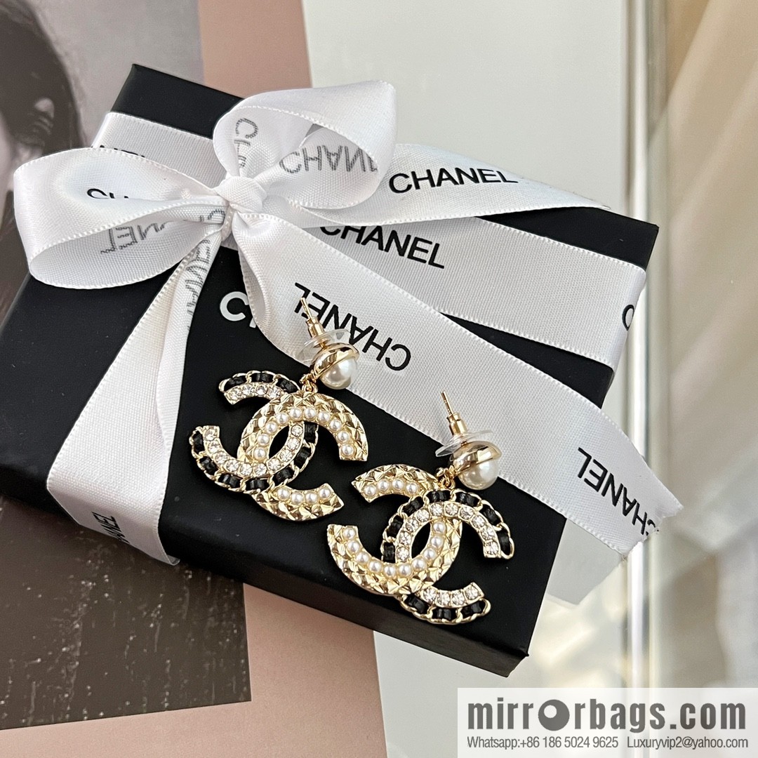 New ☑️ Chanel c2 double c black leather rope pearl stud earrings