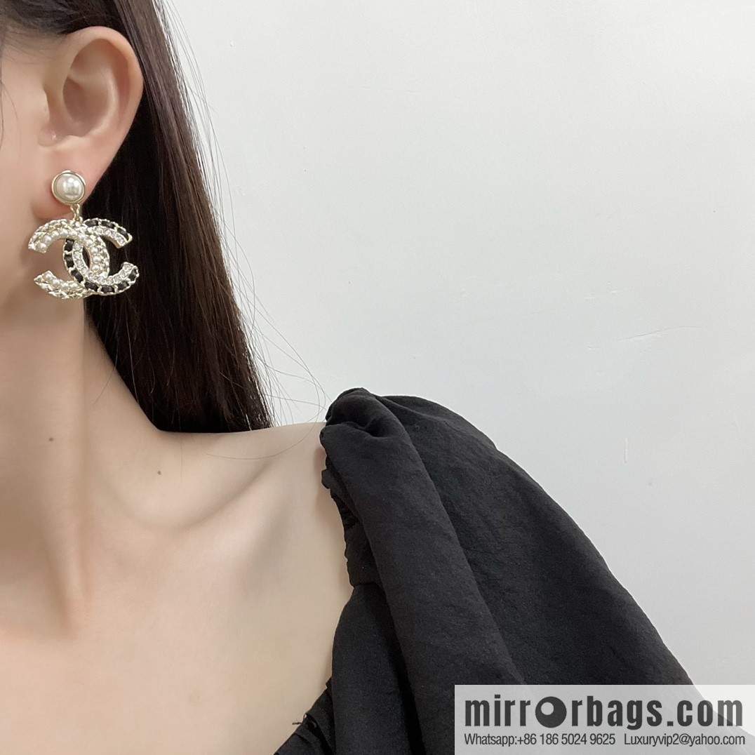 New ☑️ Chanel c2 double c black leather rope pearl stud earrings