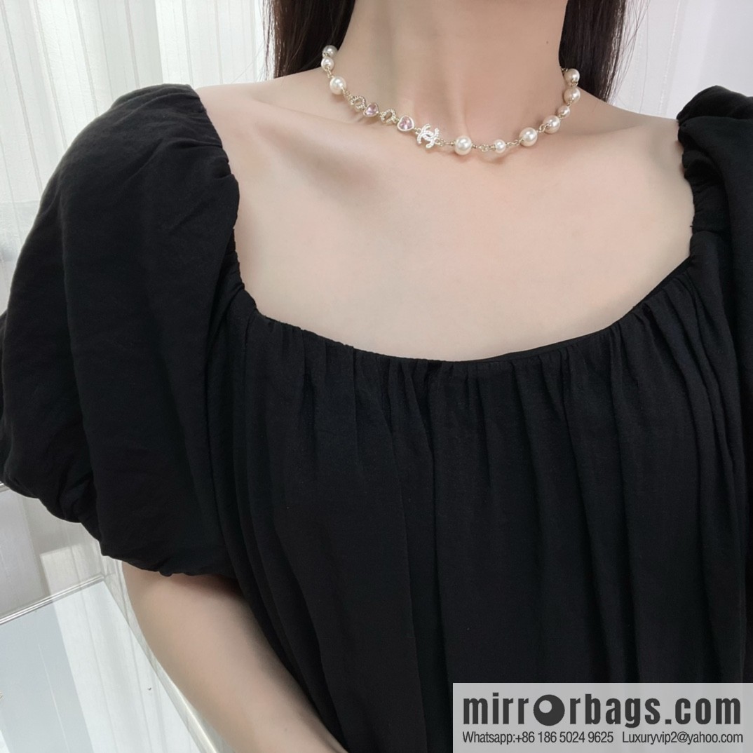 New ☑️ Chanel double c pearl coco pink peach heart love necklace neck chain