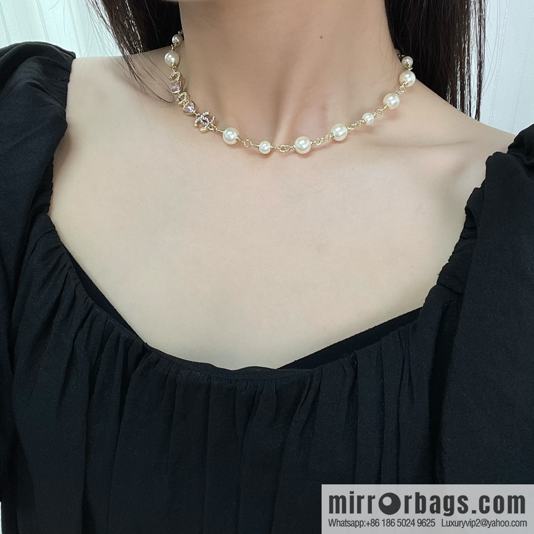 New ☑️ Chanel double c pearl coco pink peach heart love necklace neck chain
