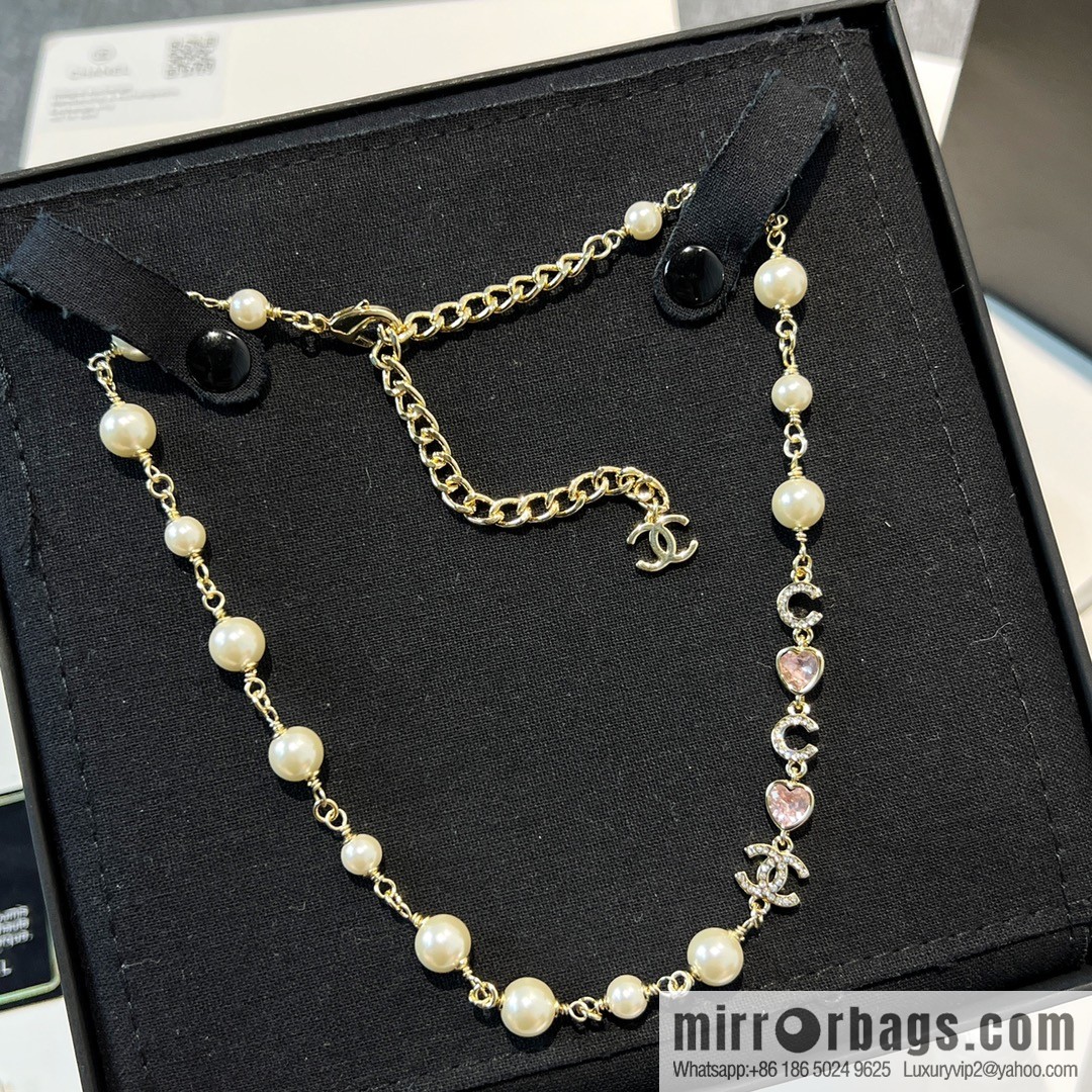 New ☑️ Chanel double c pearl coco pink peach heart love necklace neck chain