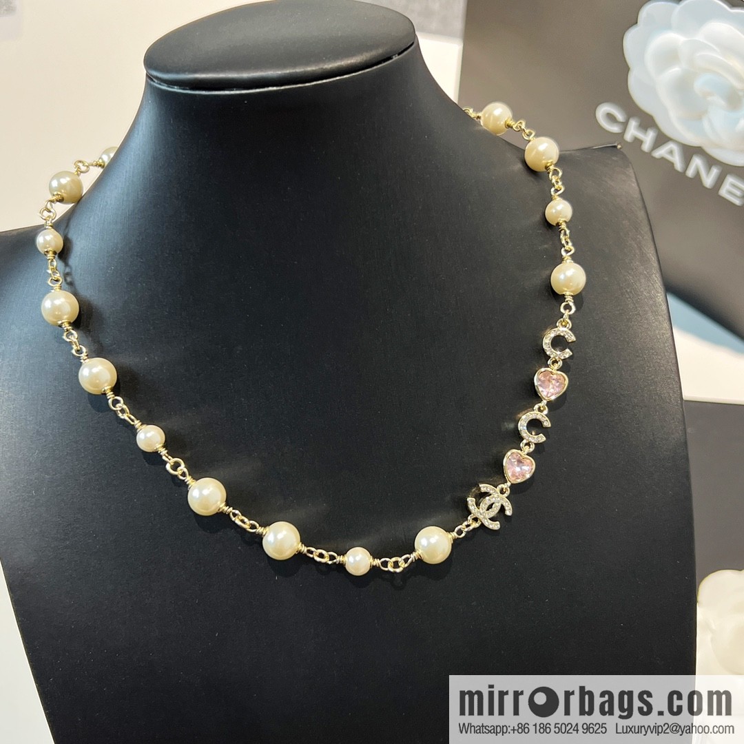 New ☑️ Chanel double c pearl coco pink peach heart love necklace neck chain