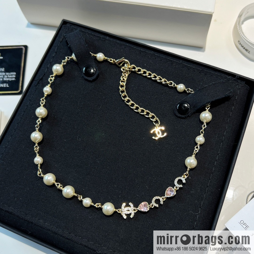 New ☑️ Chanel double c pearl coco pink peach heart love necklace neck chain
