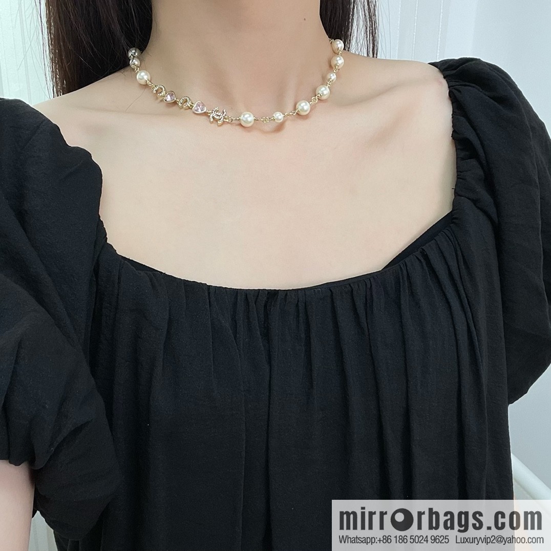 New ☑️ Chanel double c pearl coco pink peach heart love necklace neck chain