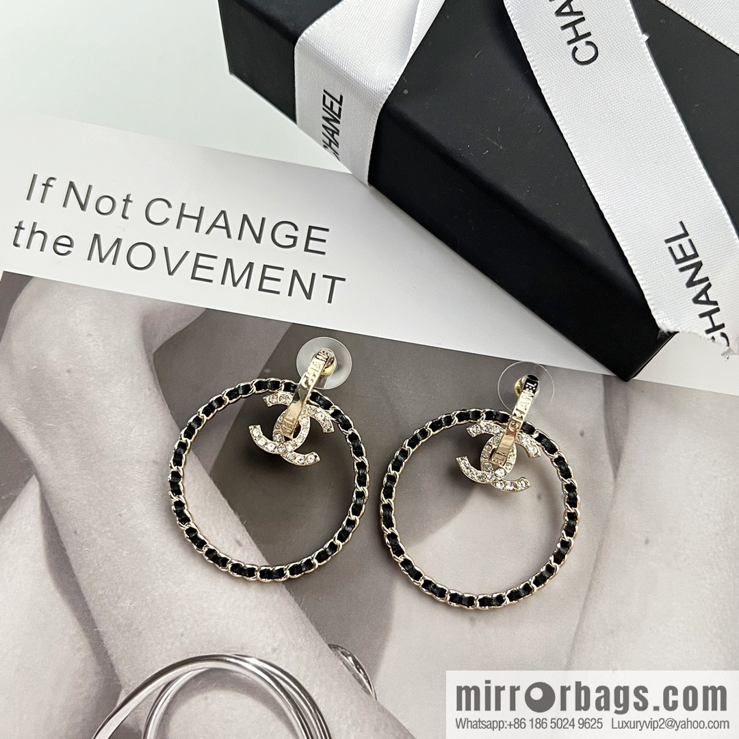 New ☑️ Chanel double c black leather rope round stud earrings