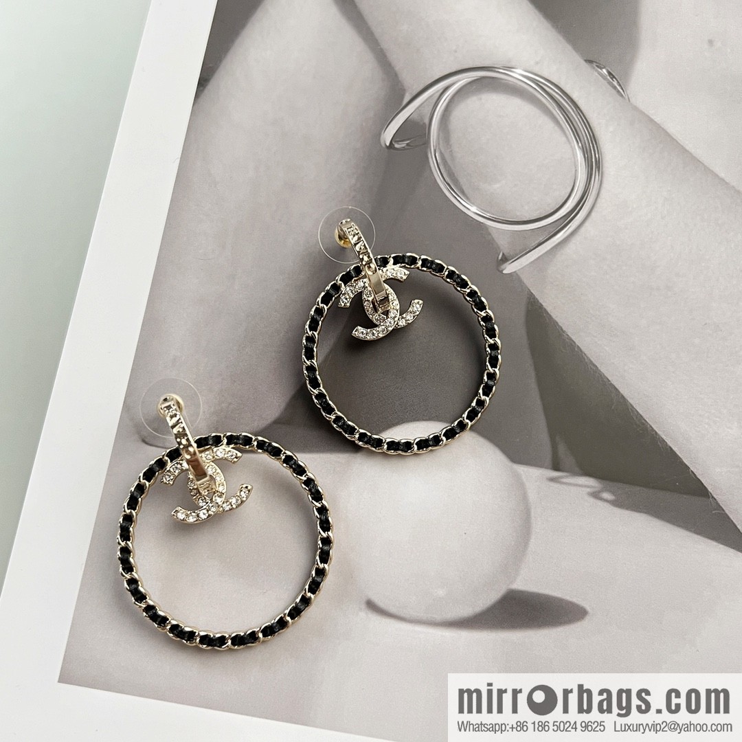 New ☑️ Chanel double c black leather rope round stud earrings