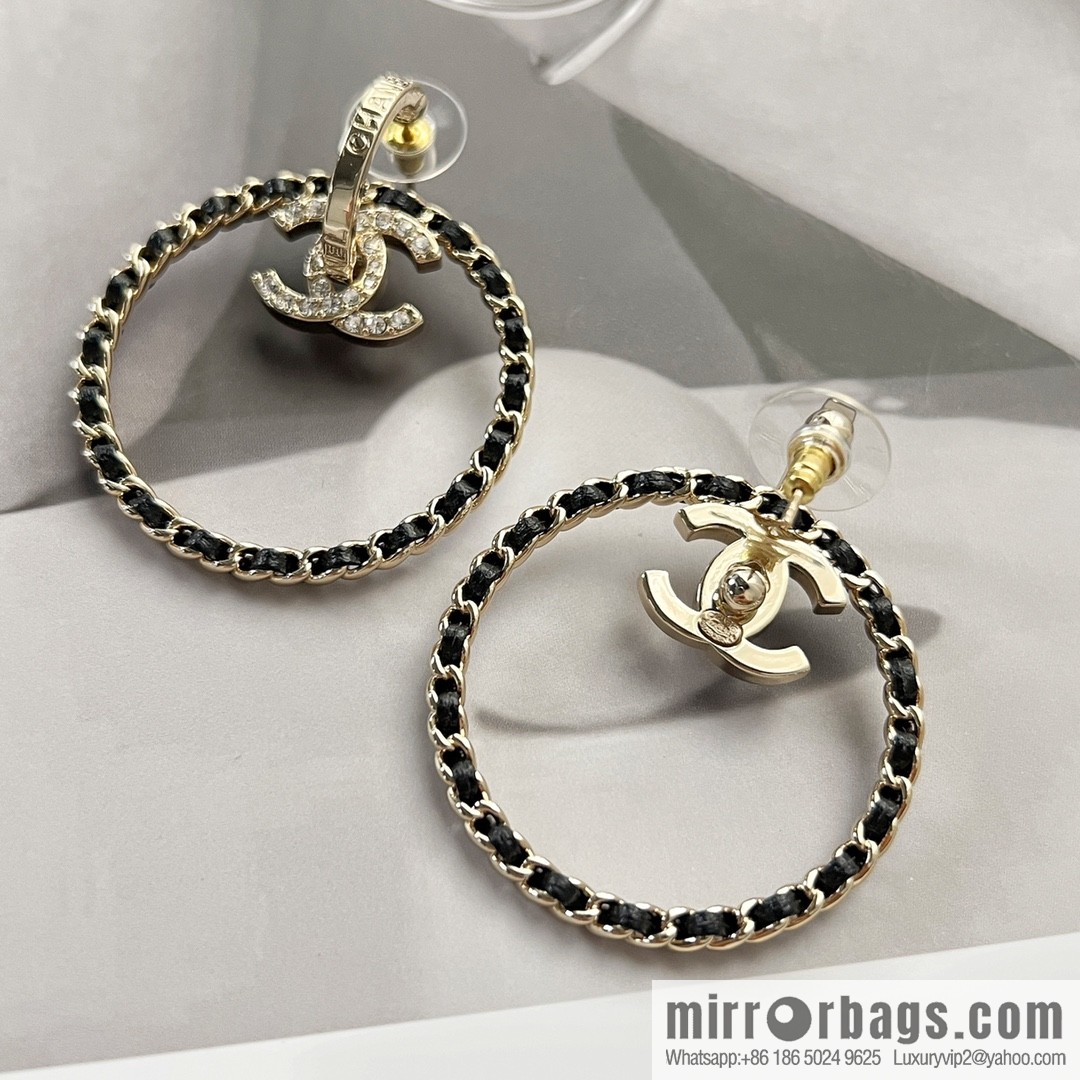 New ☑️ Chanel double c black leather rope round stud earrings