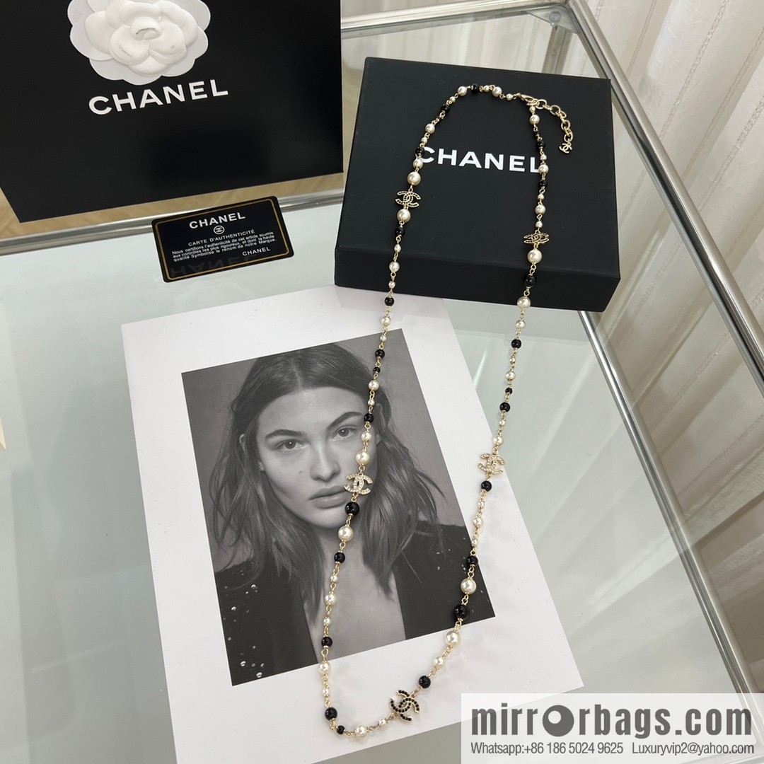 New ☑️ Chanel pearl double c black diamond sweater chain necklace