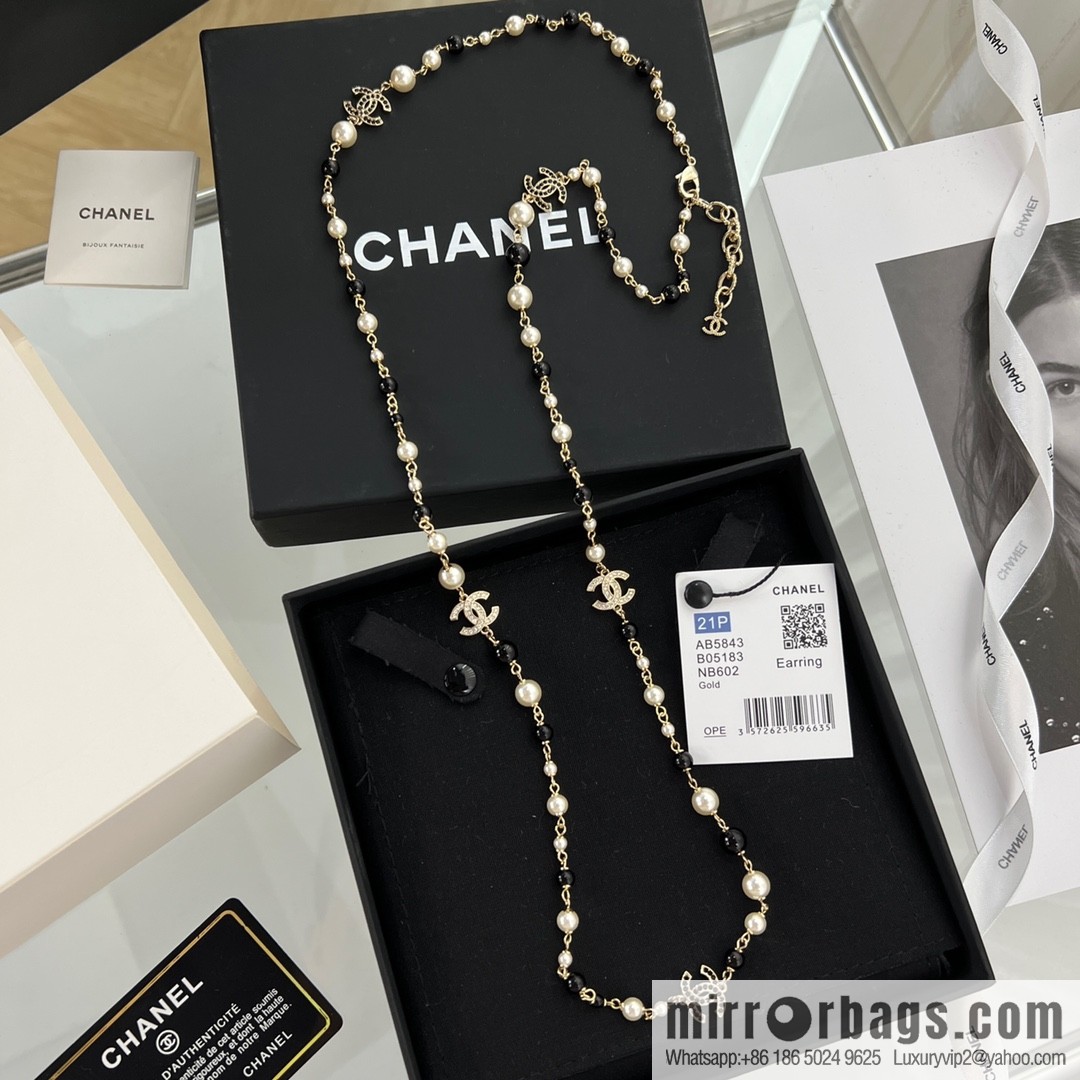 New ☑️ Chanel pearl double c black diamond sweater chain necklace