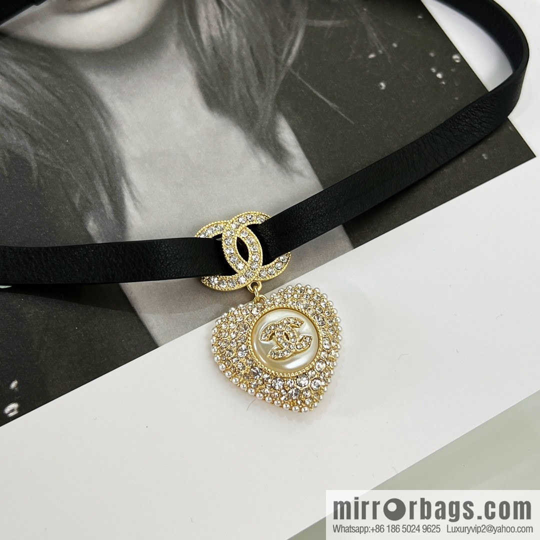New ☑️ Chanel full diamond peach heart double c black leather rope necklace