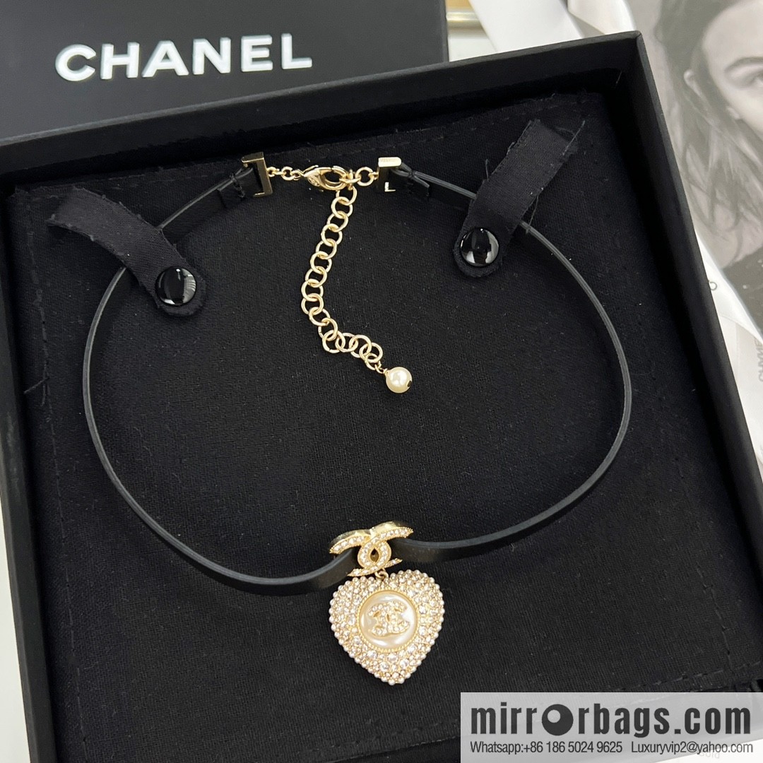 New ☑️ Chanel full diamond peach heart double c black leather rope necklace