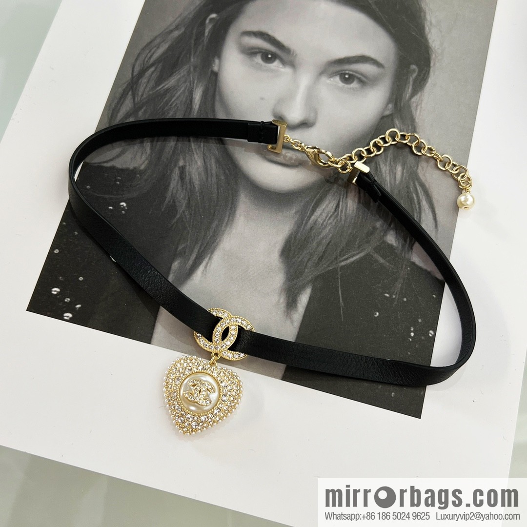 New ☑️ Chanel full diamond peach heart double c black leather rope necklace