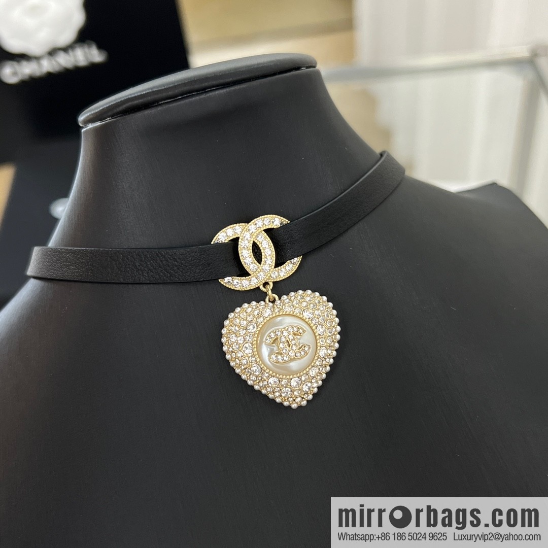 New ☑️ Chanel full diamond peach heart double c black leather rope necklace