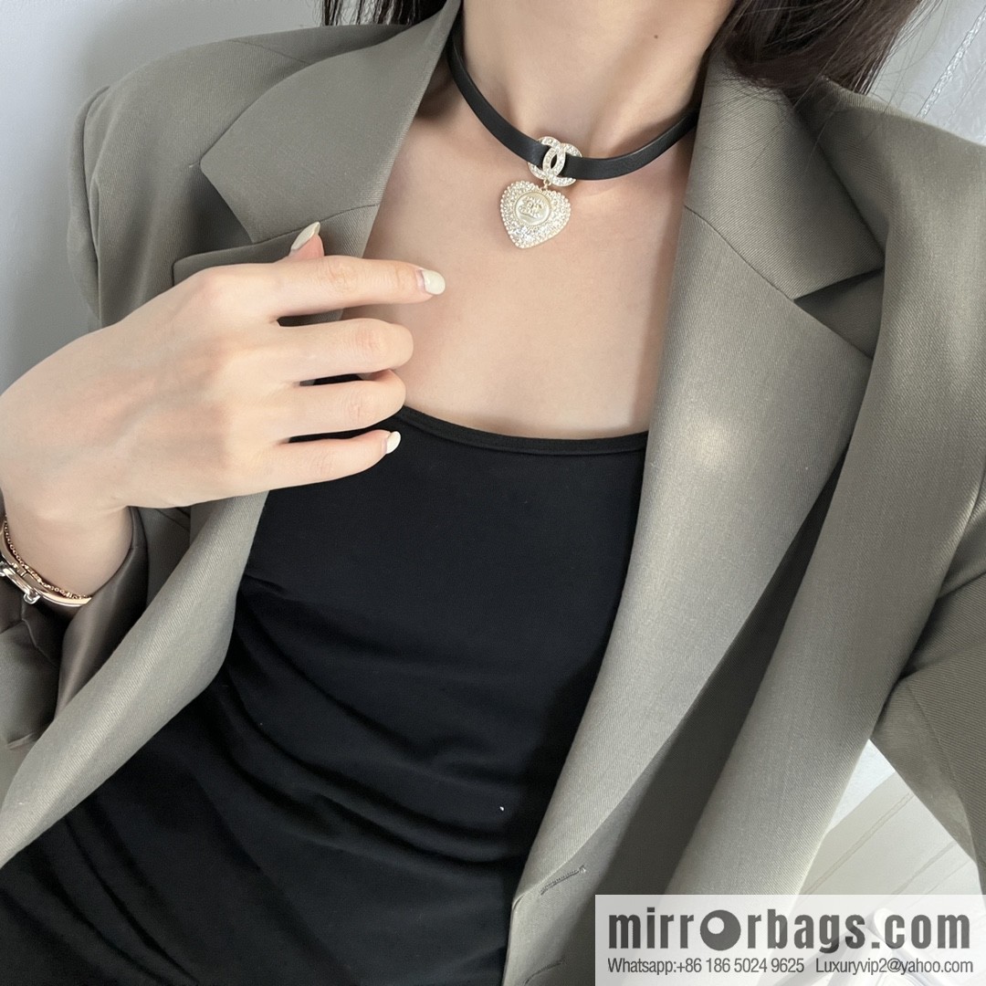 New ☑️ Chanel full diamond peach heart double c black leather rope necklace