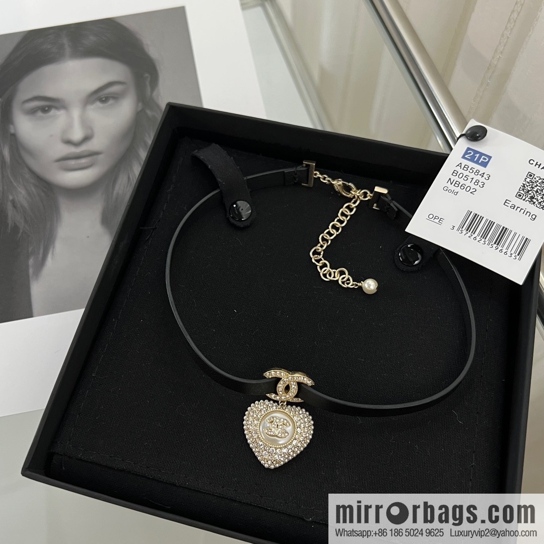 New ☑️ Chanel full diamond peach heart double c black leather rope necklace