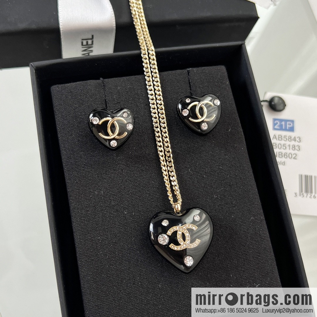 New ☑️ Chanel double c black peach heart love necklace earrings
