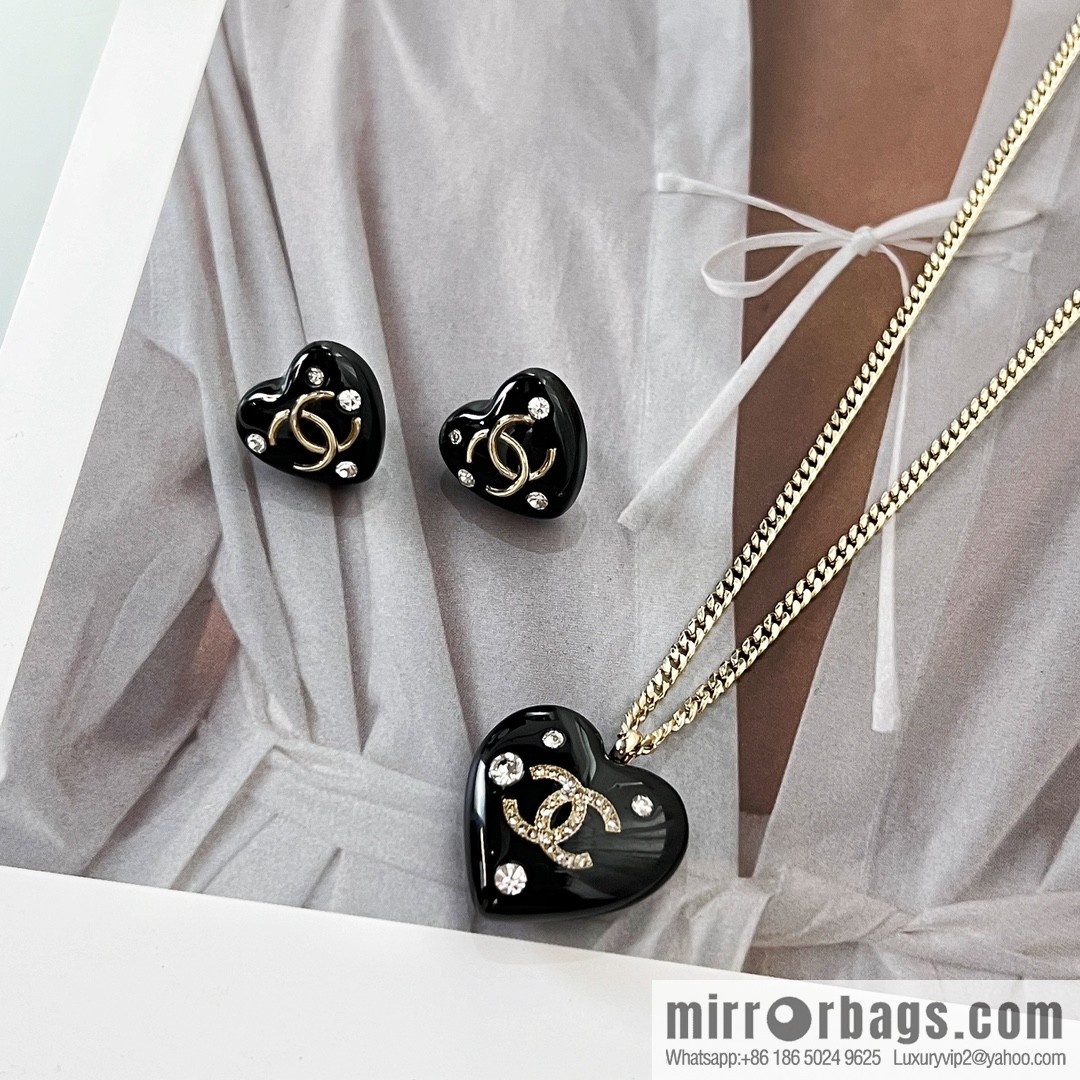 New ☑️ Chanel double c black peach heart love necklace earrings