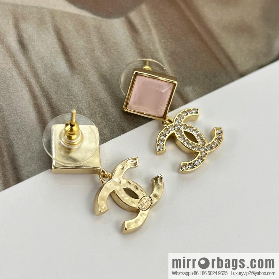 New ☑️ Chanel c2 double c square pink gem stud earrings