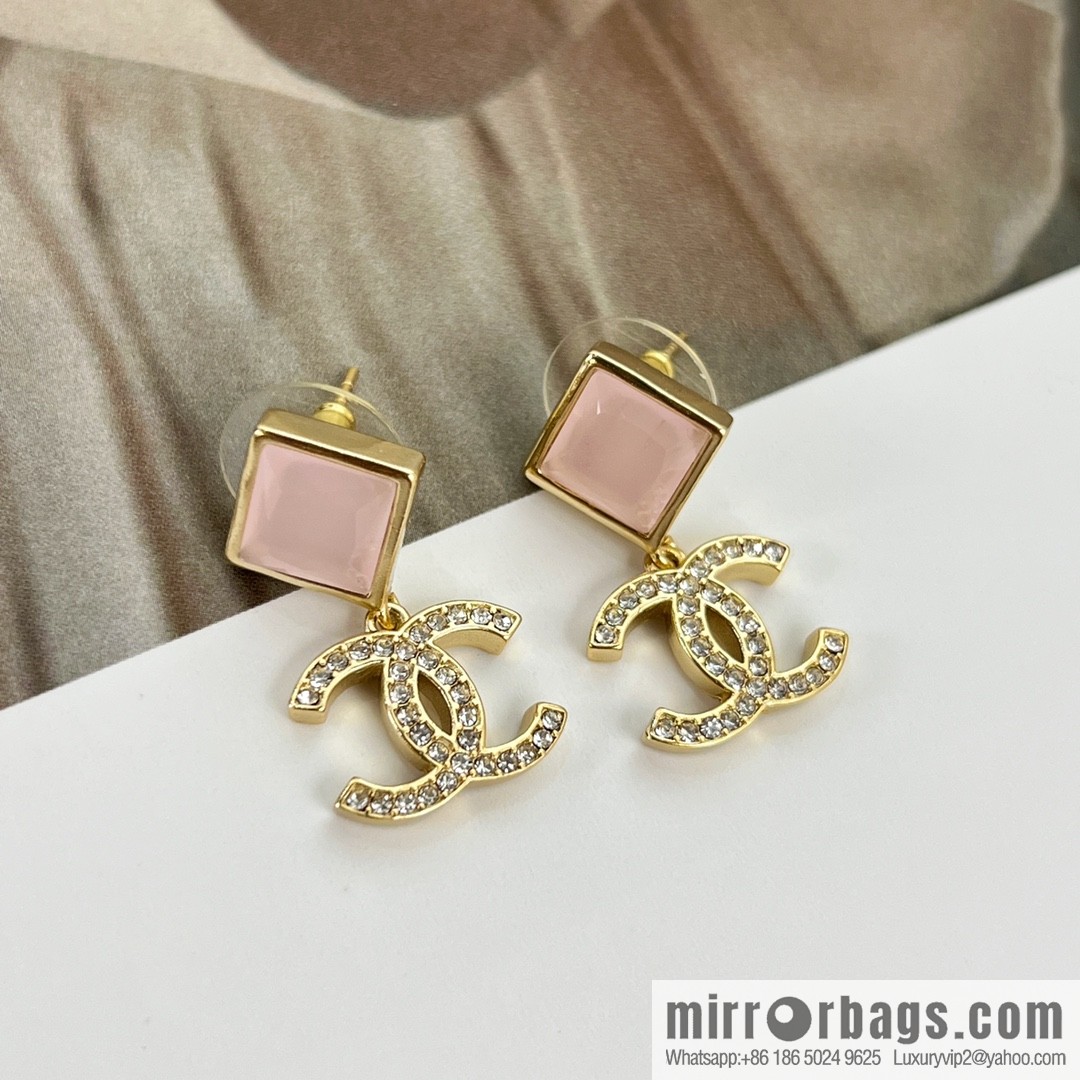 New ☑️ Chanel c2 double c square pink gem stud earrings