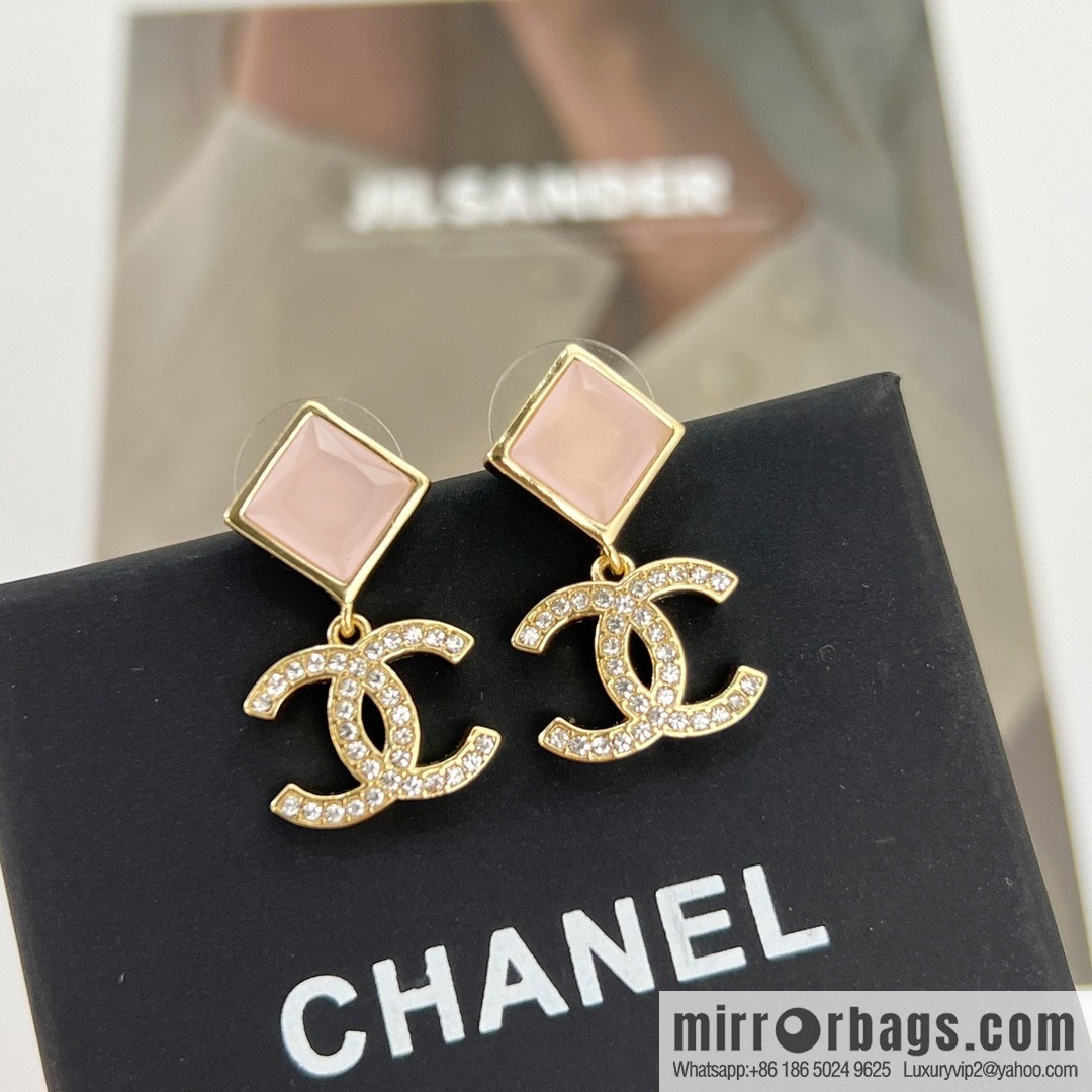 New ☑️ Chanel c2 double c square pink gem stud earrings