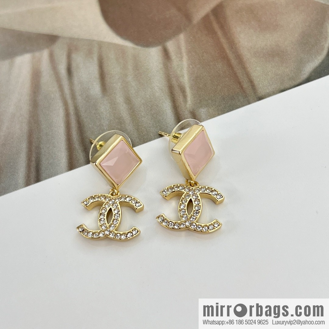 New ☑️ Chanel c2 double c square pink gem stud earrings