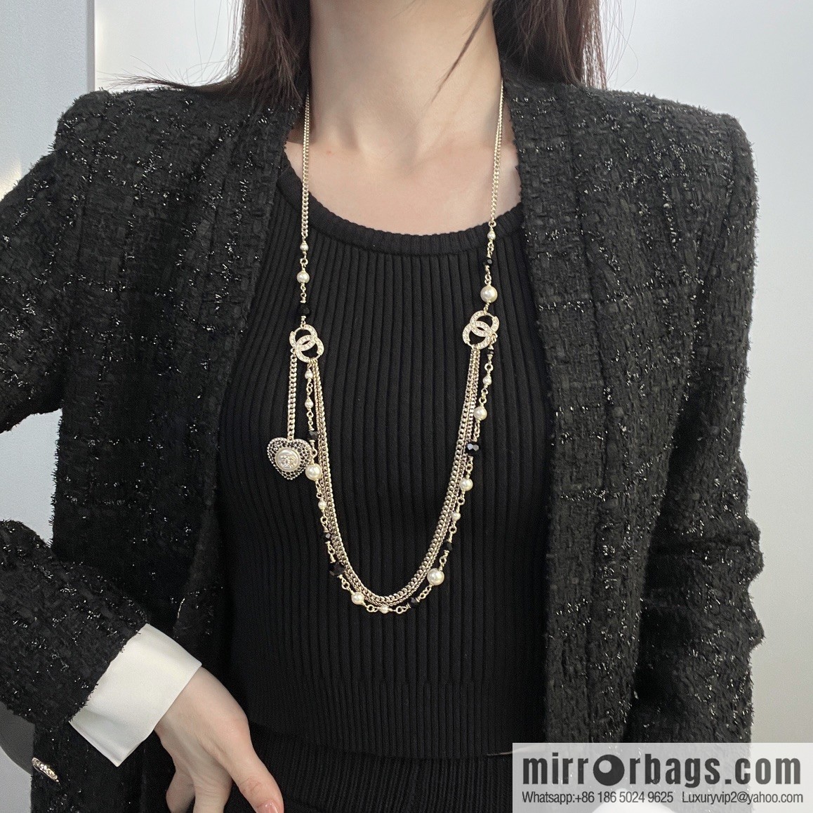 New ☑️ Chanel double c peach heart black and white diamond sweater chain necklace