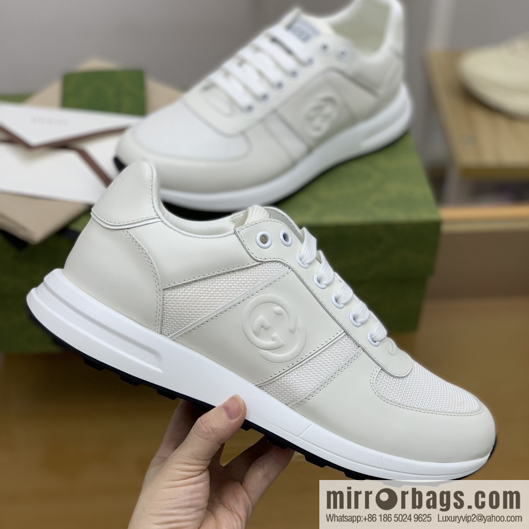 Gucci Gucci uses white leather and white mesh men's sports running shoes.