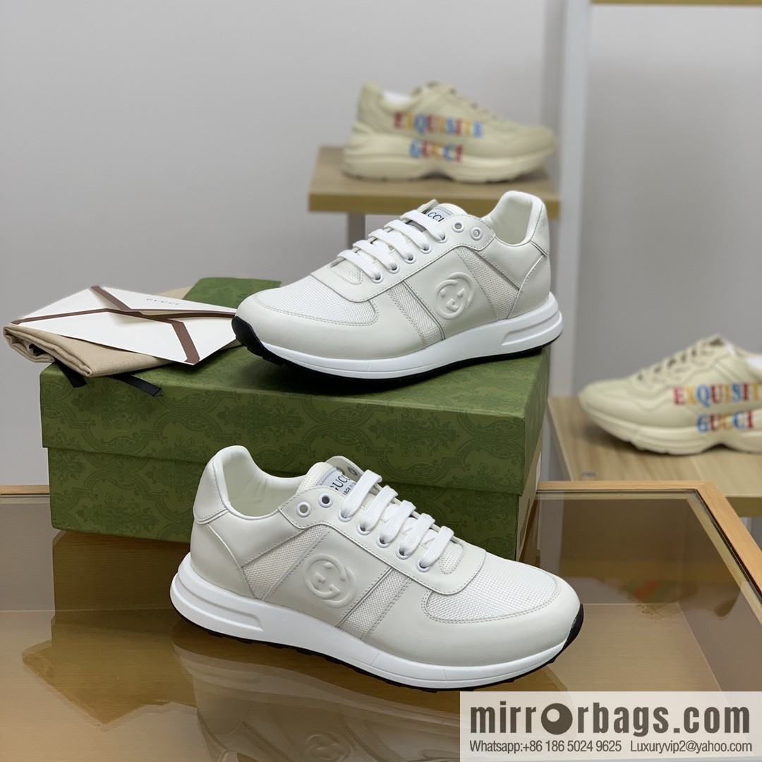 Gucci Gucci uses white leather and white mesh men's sports running shoes.