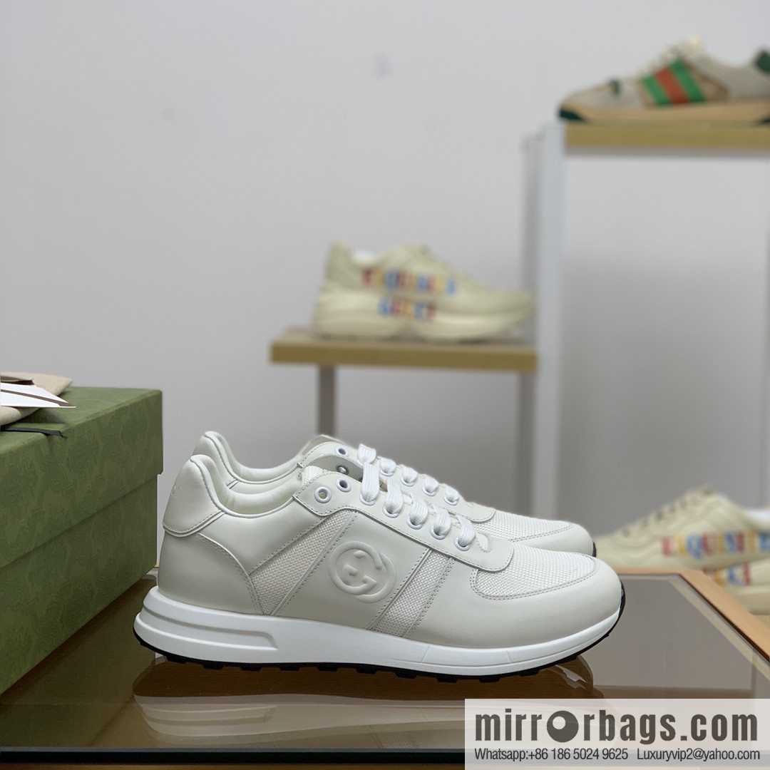 Gucci Gucci uses white leather and white mesh men's sports running shoes.