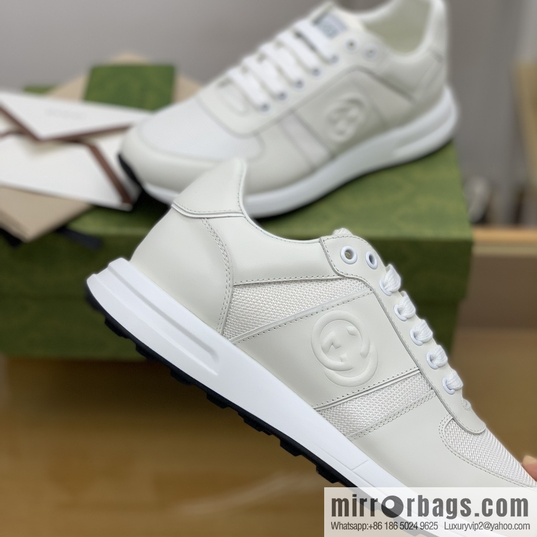Gucci Gucci uses white leather and white mesh men's sports running shoes.