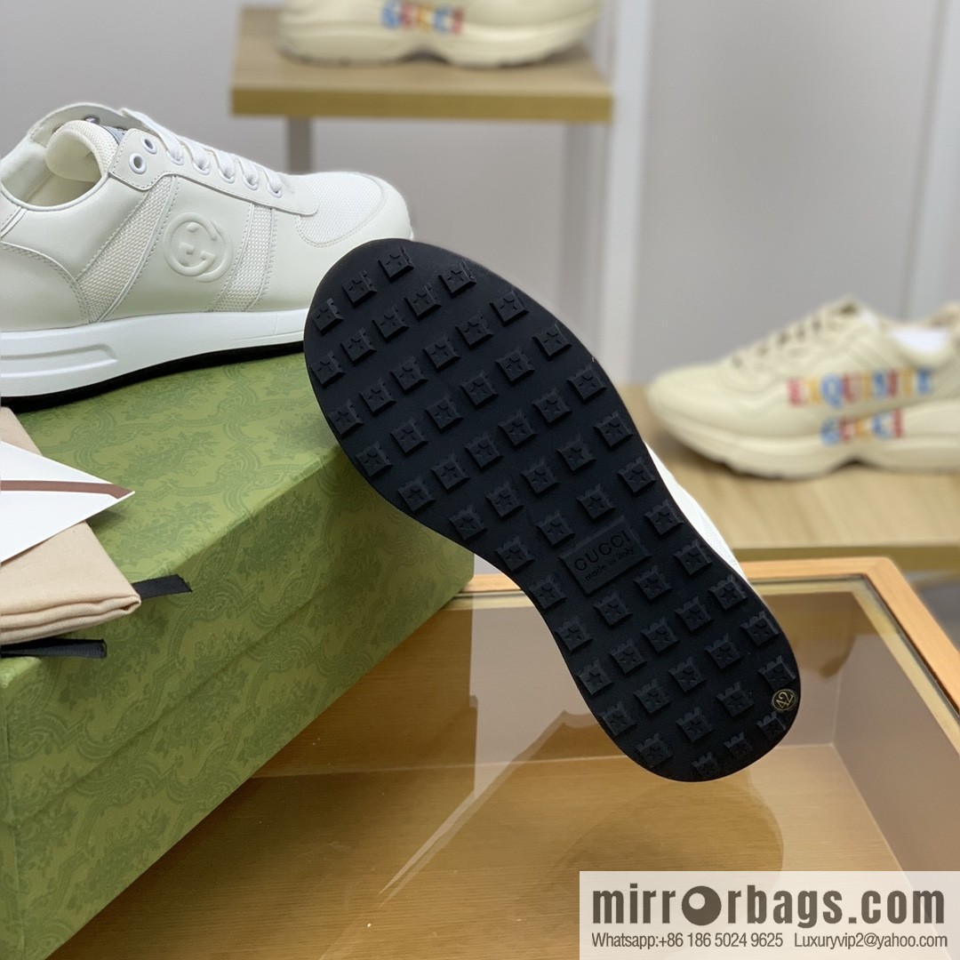 Gucci Gucci uses white leather and white mesh men's sports running shoes.