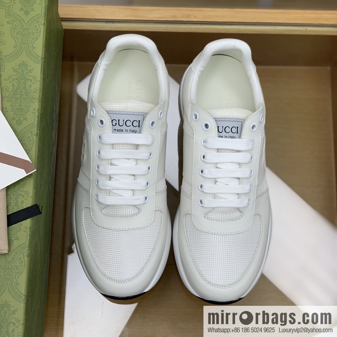 Gucci Gucci uses white leather and white mesh men's sports running shoes.