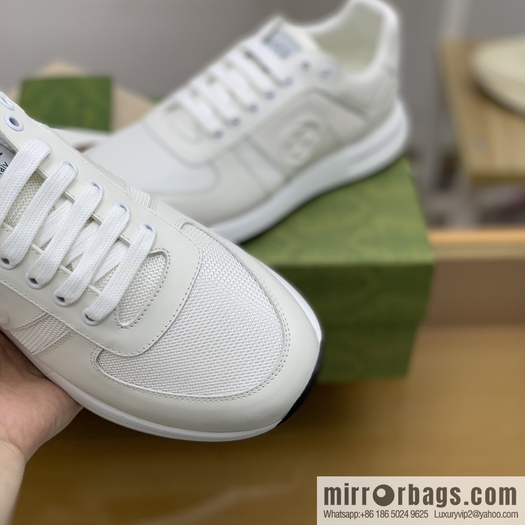 Gucci Gucci uses white leather and white mesh men's sports running shoes.