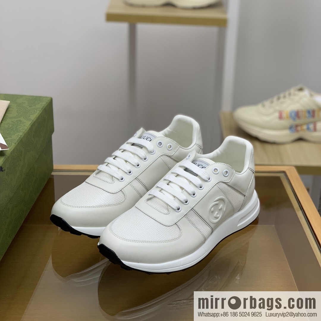 Gucci Gucci uses white leather and white mesh men's sports running shoes.