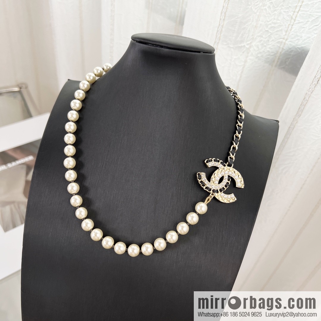 New ☑️ Chanel Double C Black Leather Rope Pearl Necklace