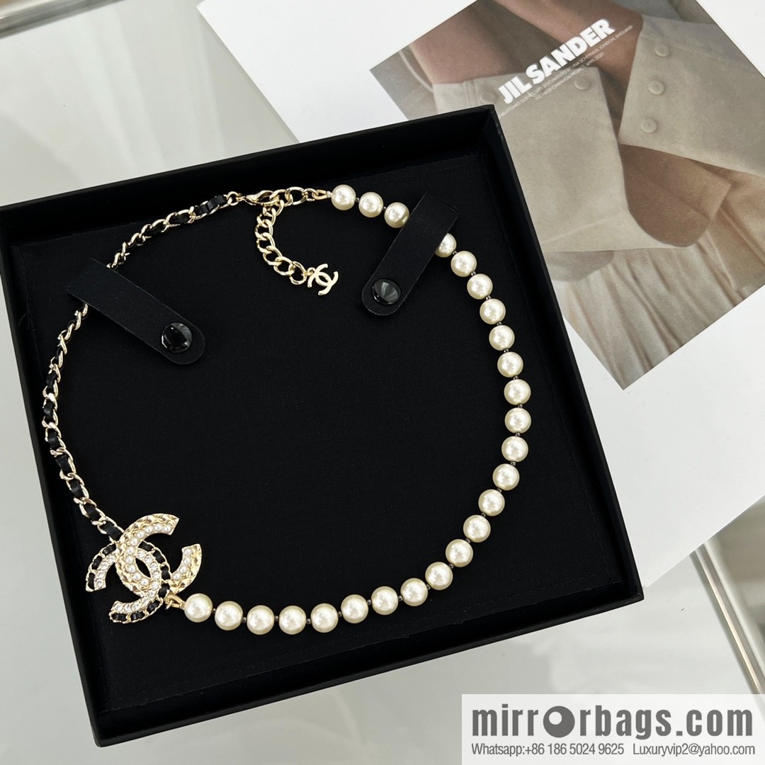 New ☑️ Chanel Double C Black Leather Rope Pearl Necklace