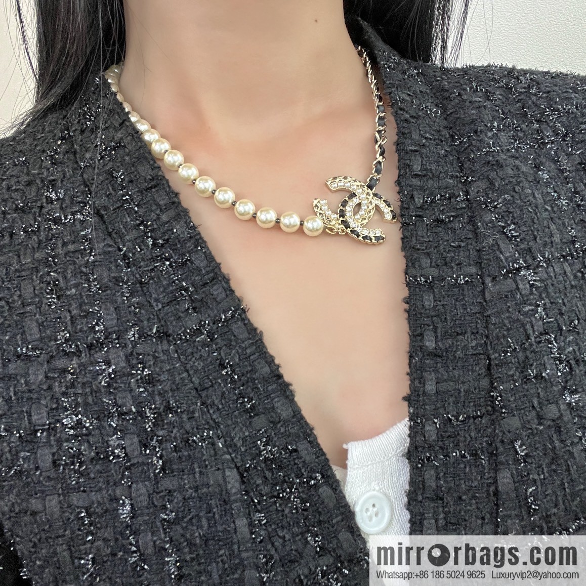 New ☑️ Chanel Double C Black Leather Rope Pearl Necklace