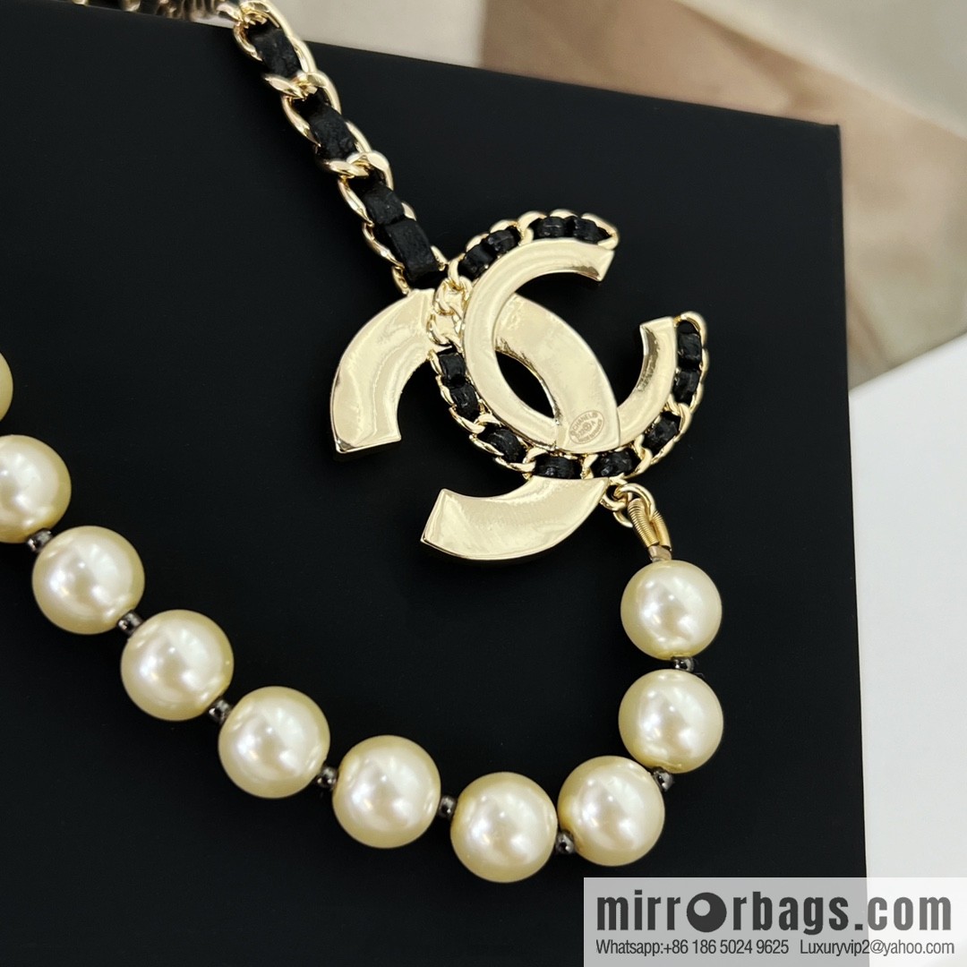New ☑️ Chanel Double C Black Leather Rope Pearl Necklace