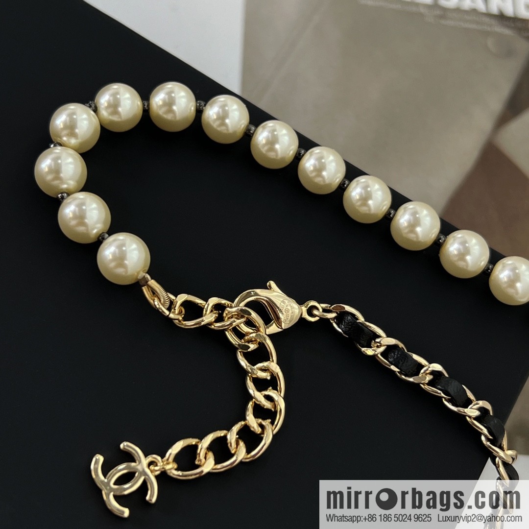 New ☑️ Chanel Double C Black Leather Rope Pearl Necklace