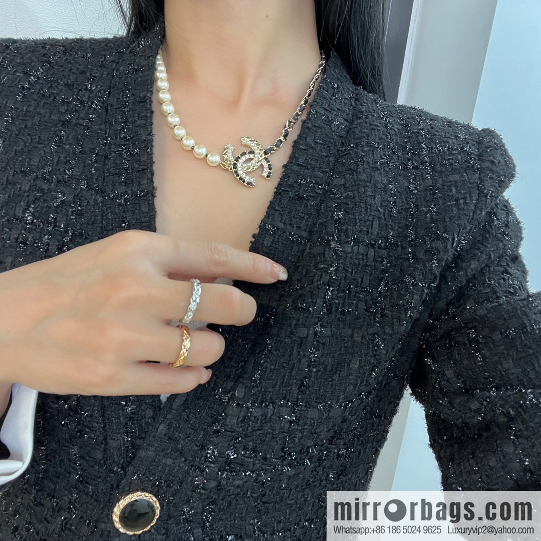 New ☑️ Chanel Double C Black Leather Rope Pearl Necklace