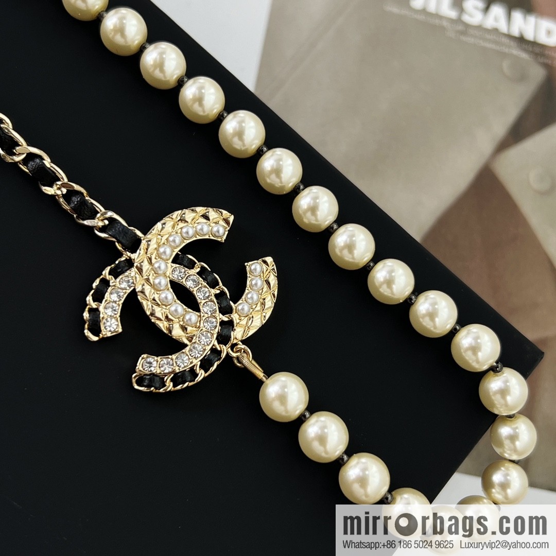 New ☑️ Chanel Double C Black Leather Rope Pearl Necklace
