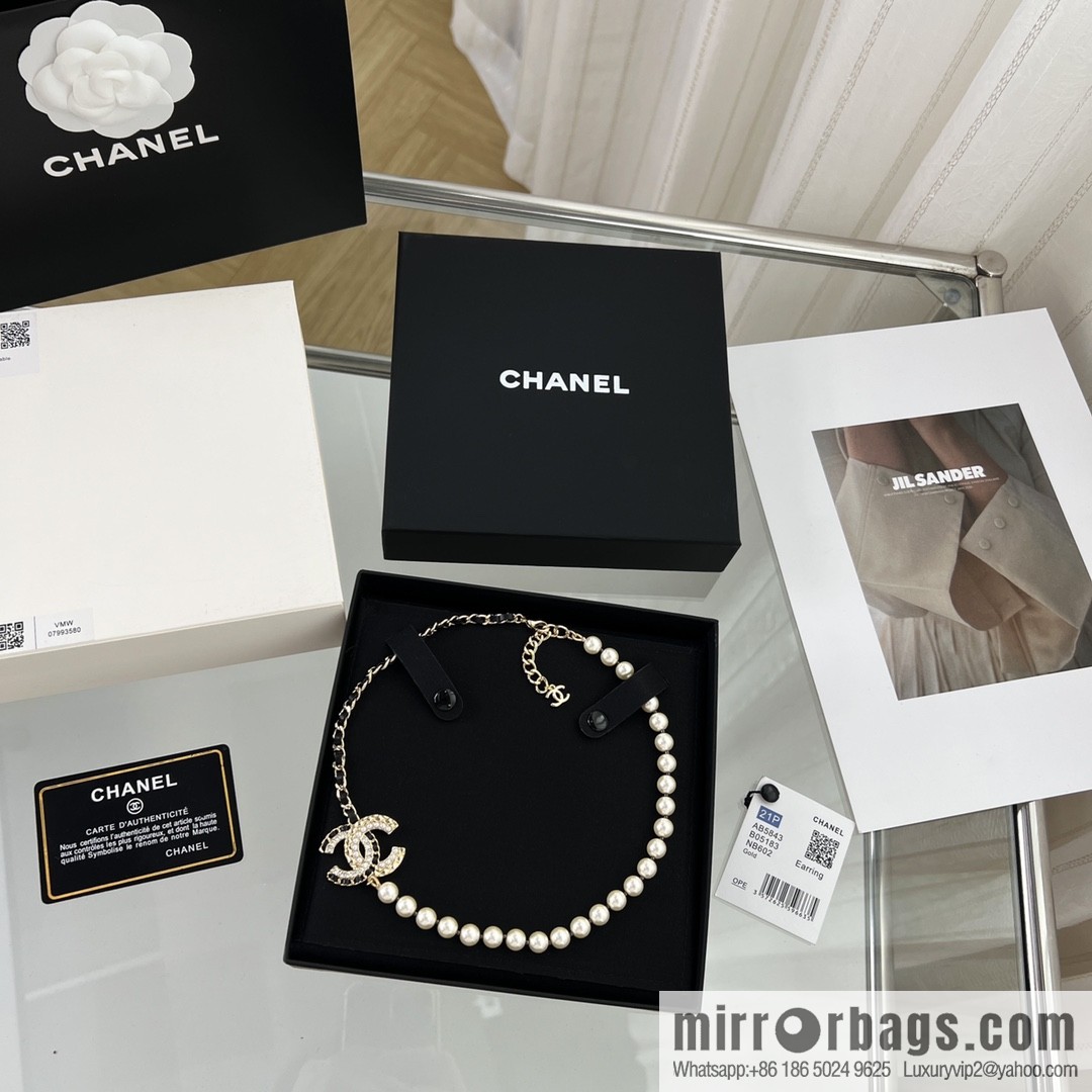New ☑️ Chanel Double C Black Leather Rope Pearl Necklace