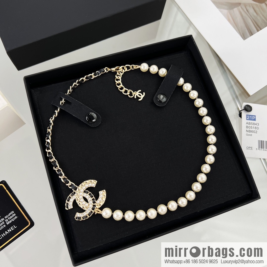 New ☑️ Chanel Double C Black Leather Rope Pearl Necklace