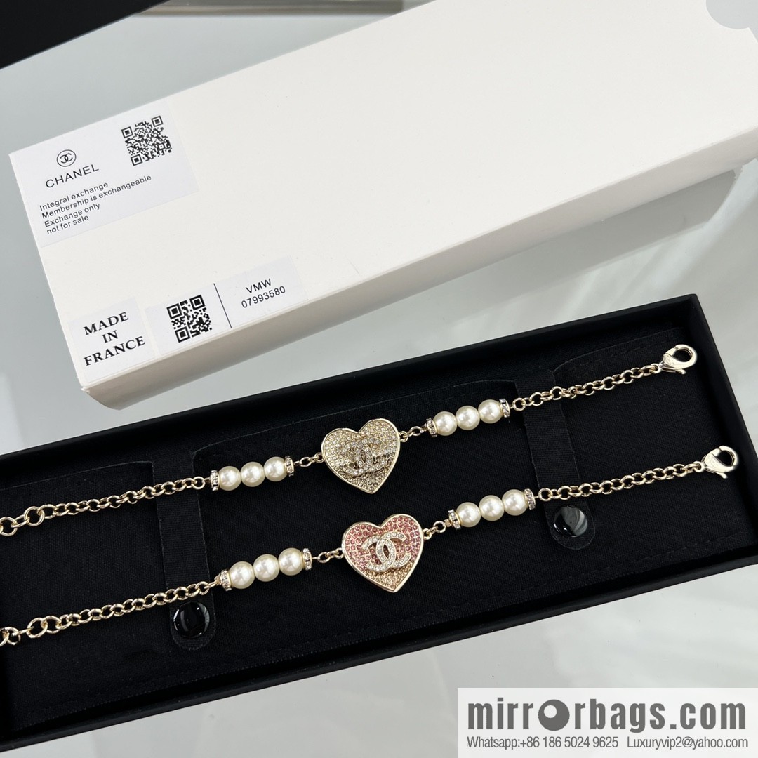 New ☑️ Chanel double c peach heart love full diamond pearl bracelet