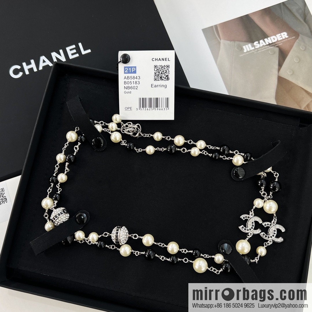 New ☑️ Chanel Double C Saturn Black Pearl Necklace Sweater Chain